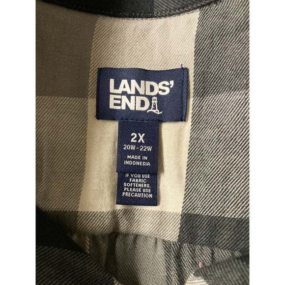 Lands End 2X Gray Black Buffalo Check Cozy Flannel Button Shirt 20W-22W Outdoors - Picture 4 of 4